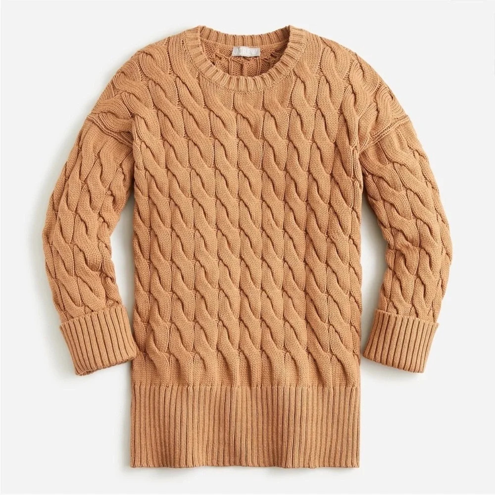 🌟NEW J. Crew Tan Cotton Cableknit Sideslit Crewneck Sweater Size Small Medium